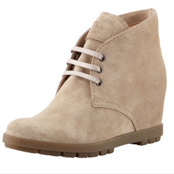 Prada Shoes - PRADA SUEDE WEDGE LACE-UP BOOTIE